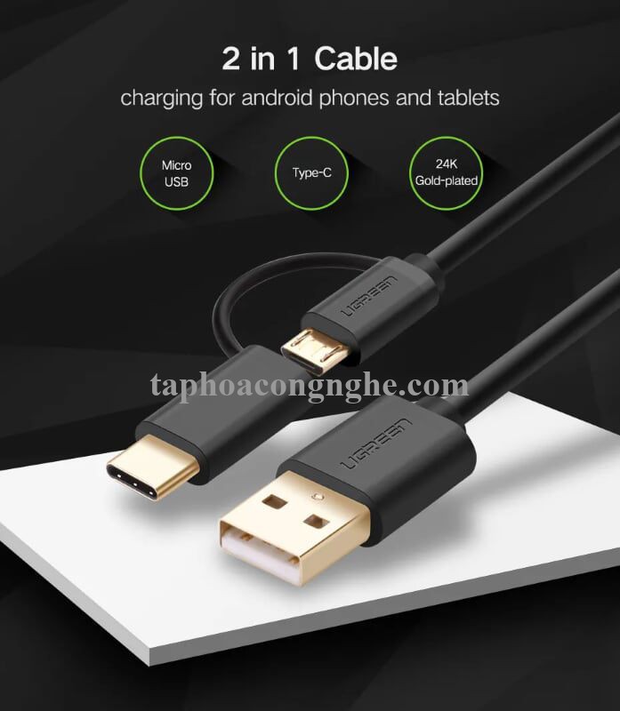 Ugreen 30173 0.5M màu Đen Thiết bị chuyển đổi USB 2.0 sang type-C và micro USB US142 30030173